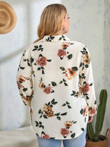 EMERY ROSE Plus Floral Print Lantern Sleeve Shirt