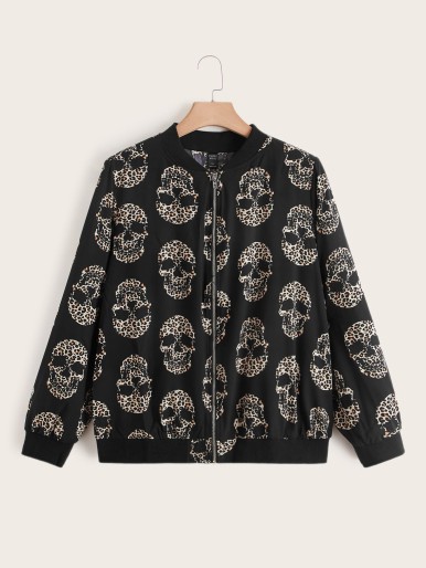 EMERY ROSE Plus Leopard Skeleton Print Zip Up Bomber Jacket