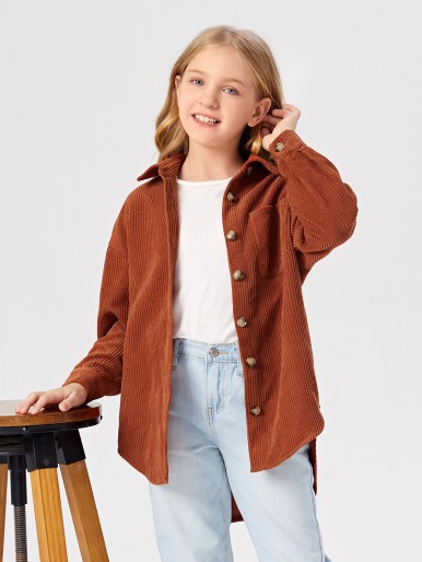 SHEIN Girls Drop Shoulder Pocket Patched Corduroy Coat