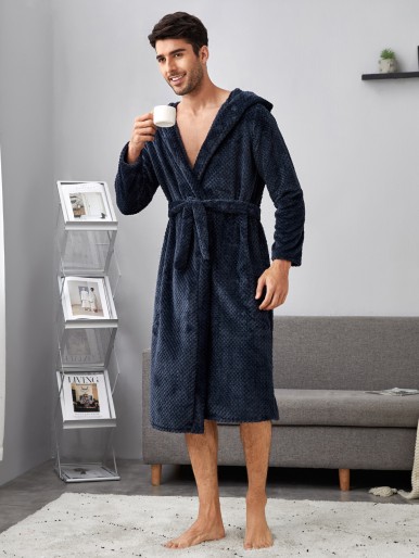 Men Hooded Belted Flannel Sleep Robe