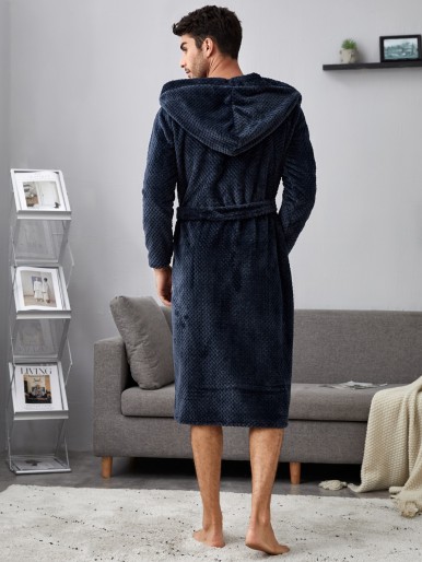 Men Hooded Belted Flannel Sleep Robe