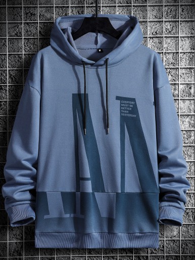 Men Color Block Slogan Graphic Drop Shoulder Drawstring Hoodie