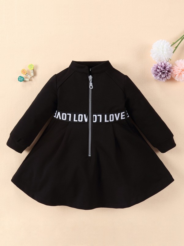 Baby Half Zip Letter Tape Panel Sweatshirt Dress