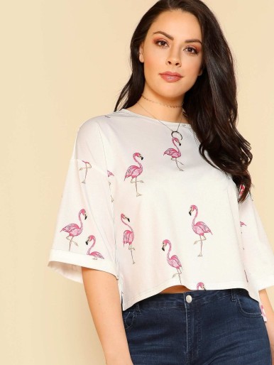 Flamingo Print Cuffed Sleeve Stepped Hem T-shirt