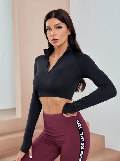 Half Zipper Thumb Holes Crop Sports Top