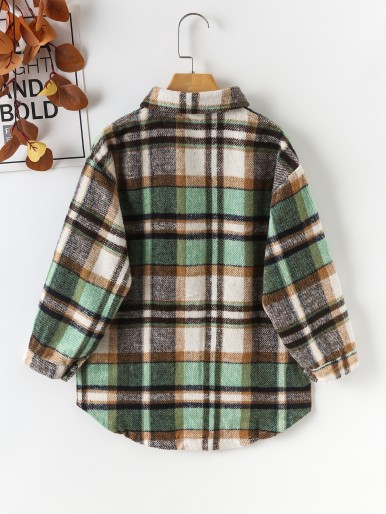 Girls Plaid Print Flap Pocket Overcoat