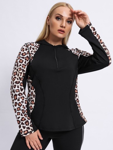 Plus Half Zip Leopard Hooded Sports Top