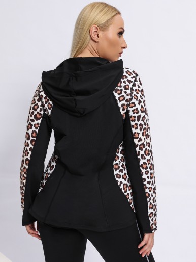 Plus Half Zip Leopard Hooded Sports Top