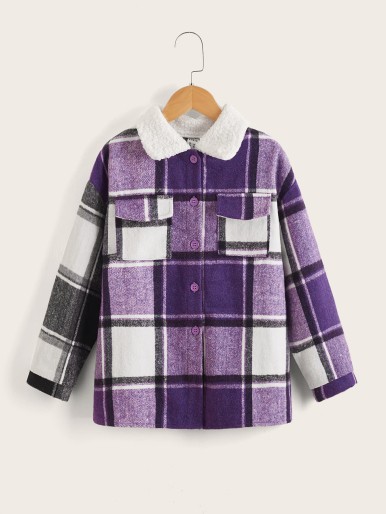 SHEIN Girls Plaid Flap Pocket Borg Collar Overcoat