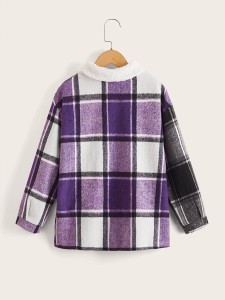 SHEIN Girls Plaid Flap Pocket Borg Collar Overcoat