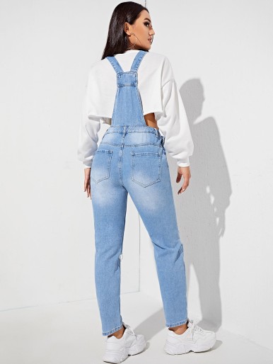 Pocket Patched Ripped Denim Overall Jumpsuit