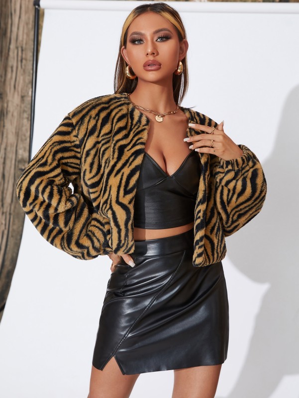 Mian Twins X SHEIN Zebra Striped Pattern Drop Shoulder Fuzzy Coat