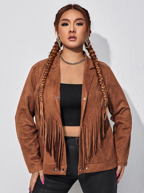 Plus Fringe Trim Pressed Button Suedette Jacket