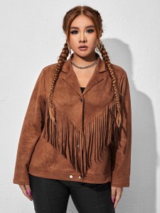 Plus Fringe Trim Pressed Button Suedette Jacket