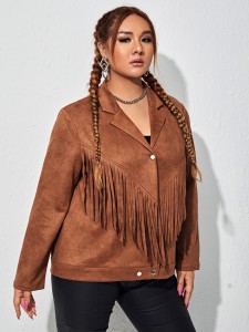 Plus Fringe Trim Pressed Button Suedette Jacket