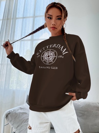 Compass & Letter Embroidery Drop Shoulder Sweatshirt