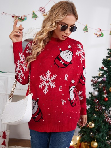 SHEIN Maternity Christmas Santa & Snowflake Pattern Drop Shoulder Sweater