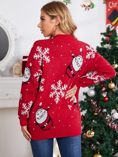 SHEIN Maternity Christmas Santa & Snowflake Pattern Drop Shoulder Sweater