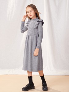 SHEIN Girls Ruffle Trim Sweater Dress Without Belt