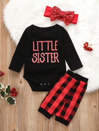 Baby Letter Graphic Tee Bodysuit & Headband Without Pants