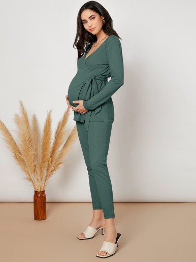 SHEIN Maternity Wrap Tie Side Top & Pants Set