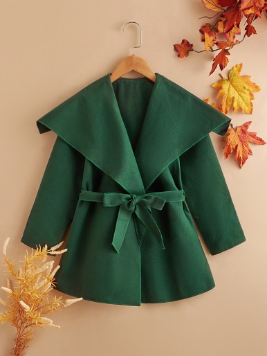 Girls Waterfall Collar Belted Overcoat