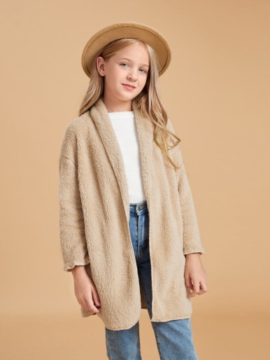 SHEIN Girls Shawl Neck Drop Shoulder Open Front Teddy Coat