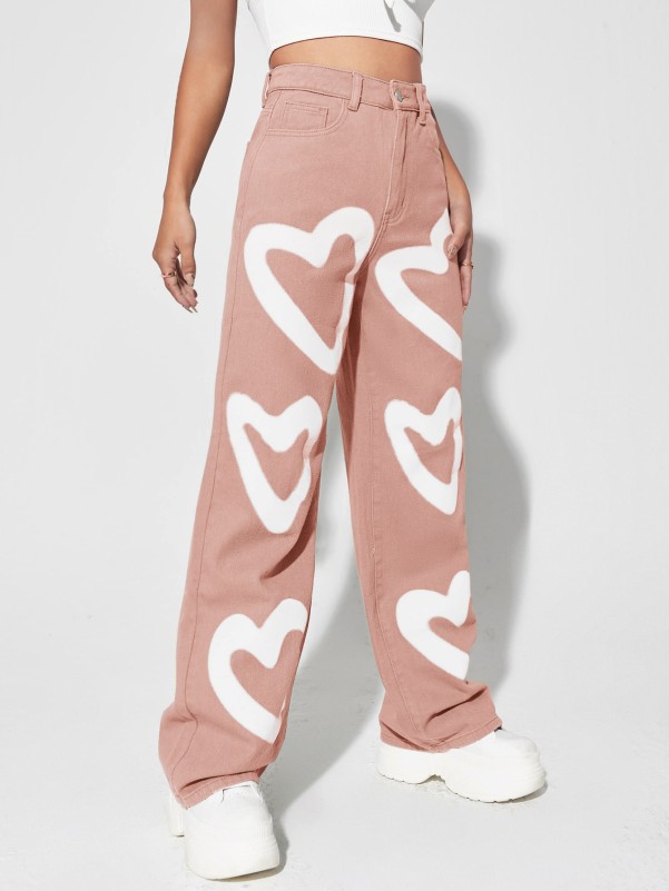 High Waist Heart Printed Long Jeans Pants