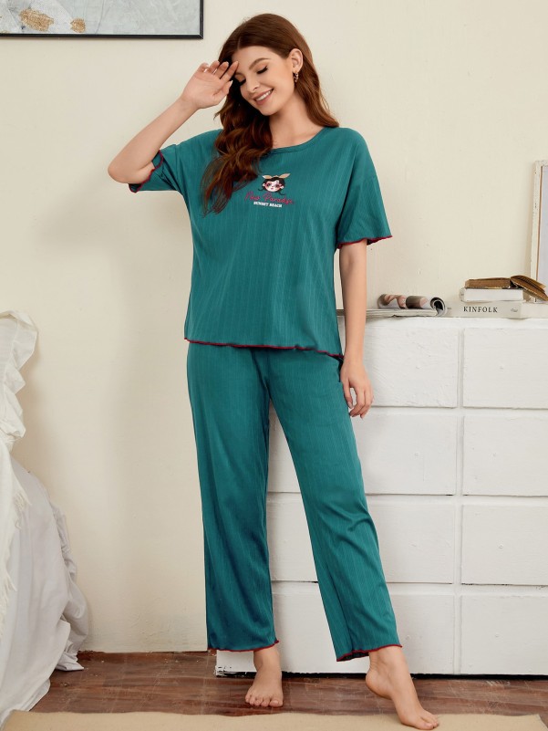 Figure And Letter Graphic Short Sleeve Tee And Pants Pajama Set