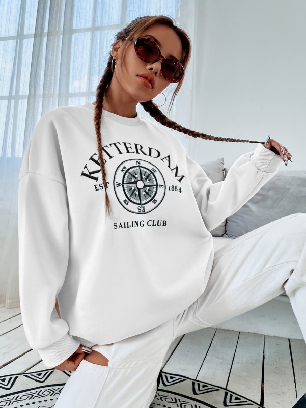 Compass & Letter Embroidery Drop Shoulder Sweatshirt