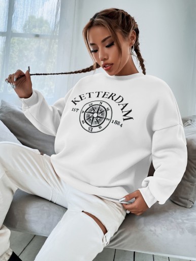 Compass & Letter Embroidery Drop Shoulder Sweatshirt