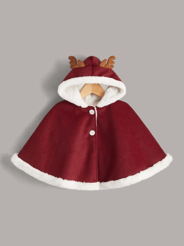 SHEIN Toddler Girls Christmas 3D Antler Design Hooded Teddy Lined Cape Overcoat