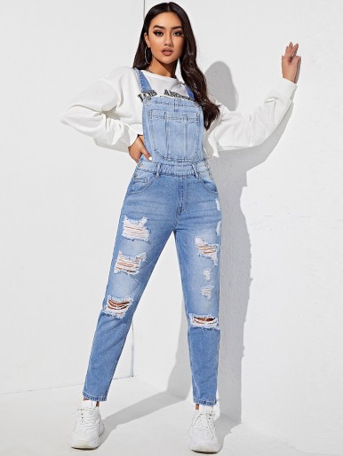 Pocket Patched Ripped Denim Overall Jumpsuit