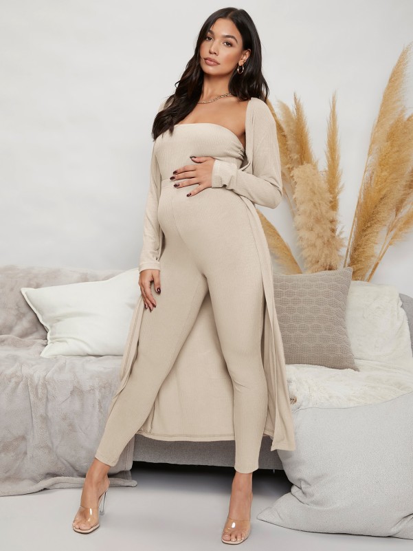 SHEIN Maternity Solid Unitard Jumpsuit With Coat