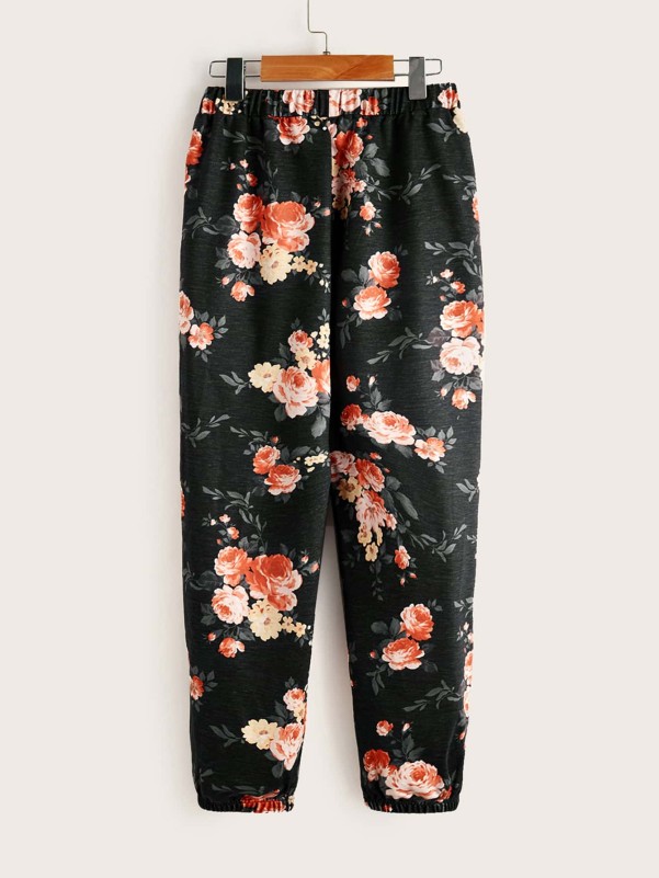 SHEIN Girls Floral Print Knot Front Sweatpants