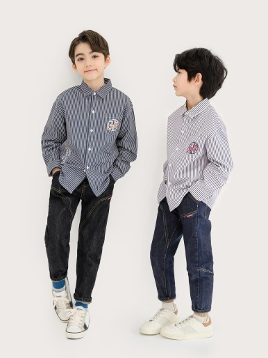 Boys 1pc Striped & Letter Graphic Patched Pocket Drop Shoulder Shirt