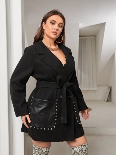 SHEIN Plus Studded Detail Double Pocket Lapel Neck Belted Overcoat