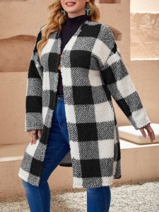 EMERY ROSE Plus Buffalo Plaid Print Drop Shoulder Open Front Teddy Coat