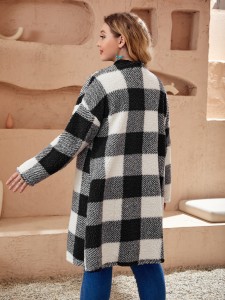 EMERY ROSE Plus Buffalo Plaid Print Drop Shoulder Open Front Teddy Coat