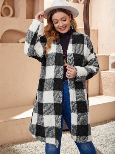 EMERY ROSE Plus Buffalo Plaid Print Drop Shoulder Open Front Teddy Coat