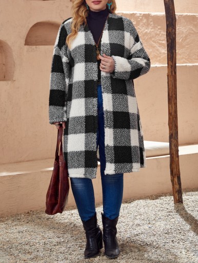 EMERY ROSE Plus Buffalo Plaid Print Drop Shoulder Open Front Teddy Coat