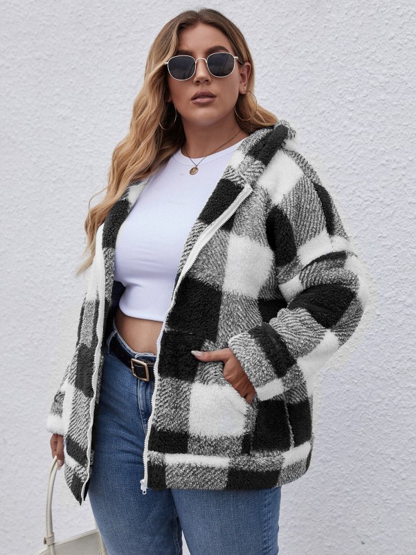 Plus Plaid Zip Up Hooded Teddy Coat