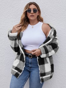 Plus Plaid Zip Up Hooded Teddy Coat