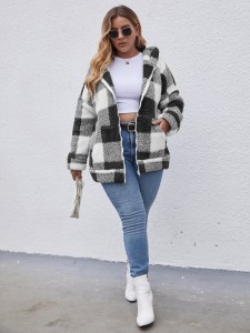 Plus Plaid Zip Up Hooded Teddy Coat