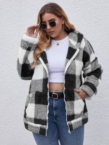 Plus Plaid Zip Up Hooded Teddy Coat