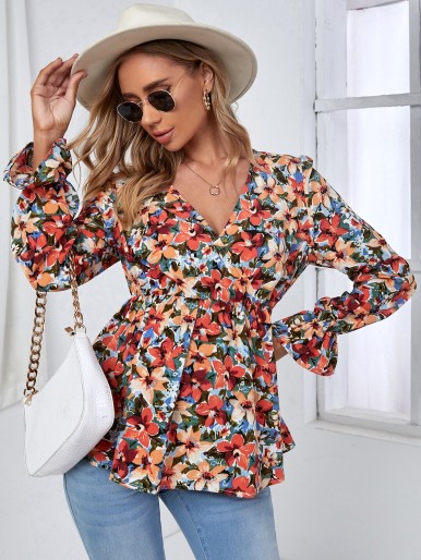 SHEIN Maternity Allover Floral Print Flounce Sleeve Peplum Blouse