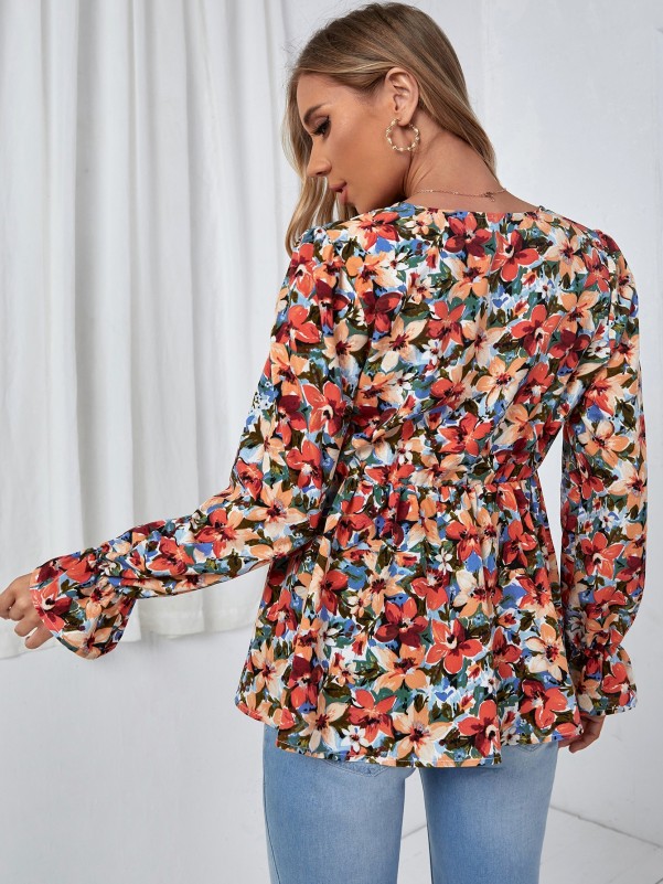 SHEIN Maternity Allover Floral Print Flounce Sleeve Peplum Blouse