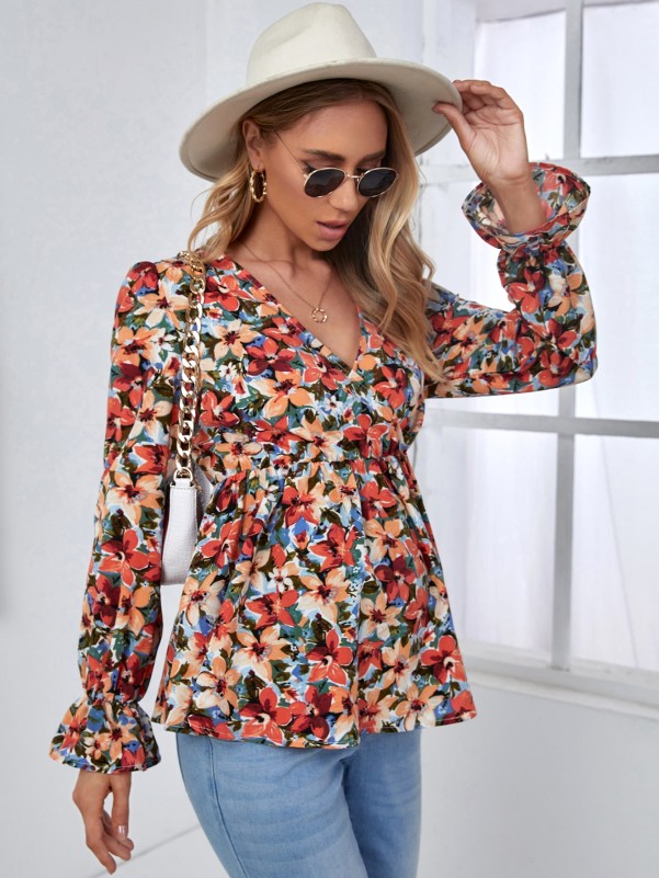 SHEIN Maternity Allover Floral Print Flounce Sleeve Peplum Blouse