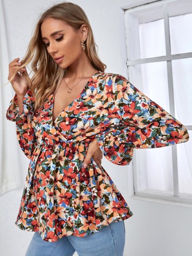 SHEIN Maternity Allover Floral Print Flounce Sleeve Peplum Blouse