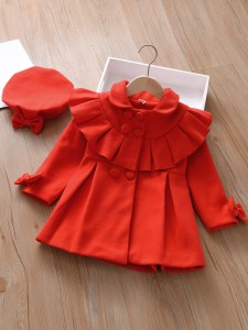 Toddler Girls Double Breasted Ruffle Trim Overcoat & Hat